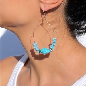 .925 Silver Large Turquoise Hoop Drop Earrings